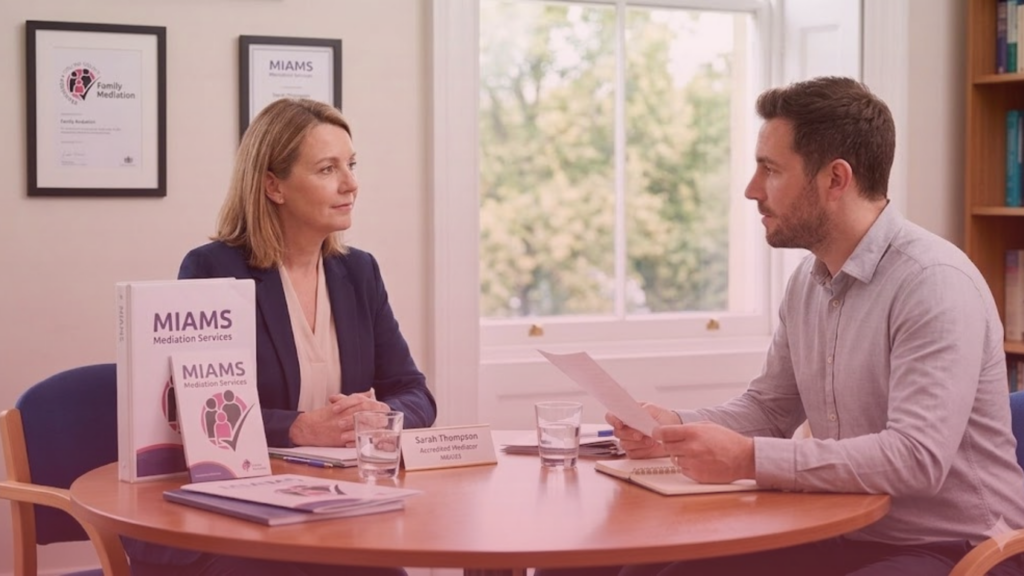 A mediator meeting with a client before a family court application.