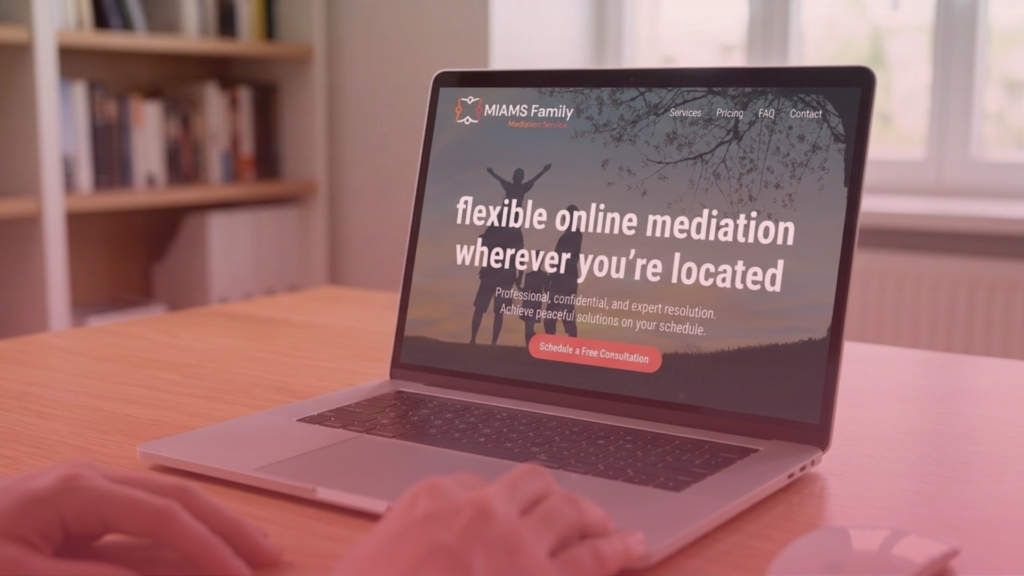 A laptop displaying the MIAMS Family Mediation Service website showing flexible online mediation.