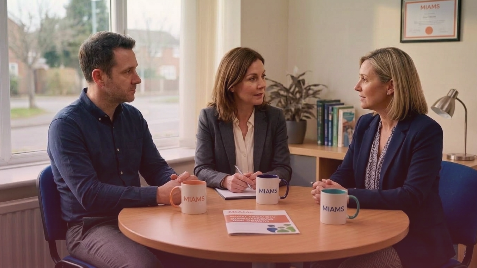 An image of a face-to-face joint mediation meeting taking place between a divorced couple.